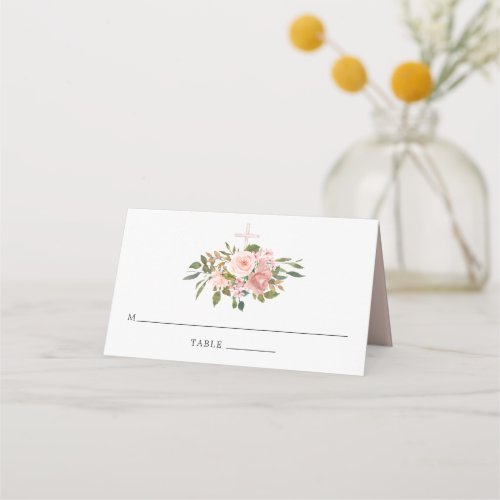 Blush Pink  Rose Gold Floral First Holy Communion Place Card