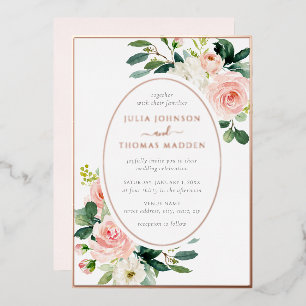 Blush Pink Rose Gold Floral Frame Wedding  Foil Invitation