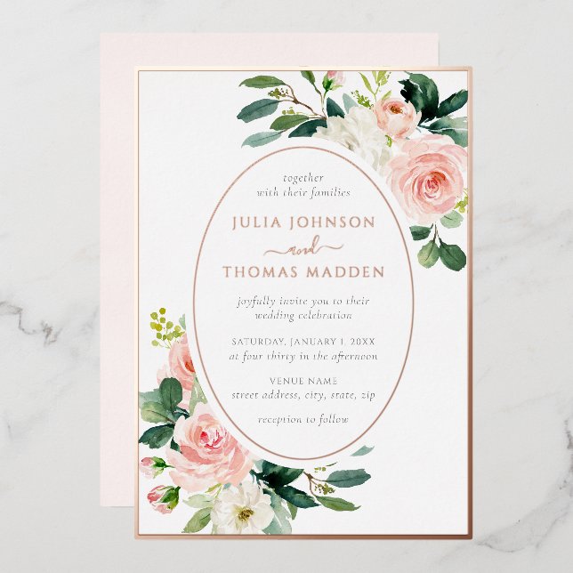Blush Pink Rose Gold Floral Frame Wedding  Foil Invitation (Front/Back)
