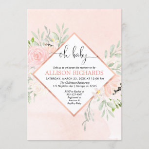 Blush pink rose gold floral girl baby shower invitation