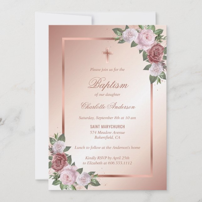Blush Pink Rose Gold Floral Girl Baptism Invitation (Front)