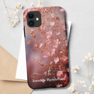 Blush Pink Rose Gold Floral Glitter Monogrammed iPhone 11 Case
