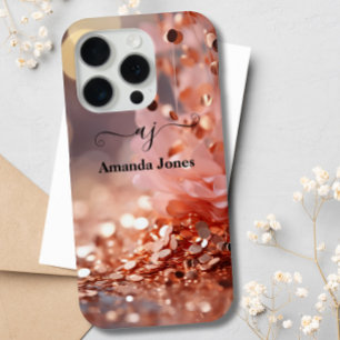 Blush Pink Rose Gold Floral Glitter Monogrammed iPhone 15 Pro Case
