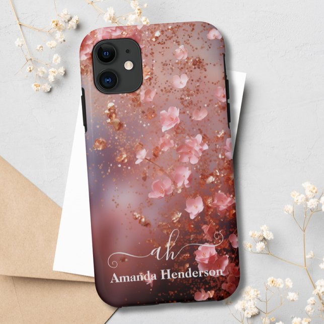 Blush Pink Rose Gold Floral Glitter Monogrammed  Case-Mate iPhone Case (Creator Uploaded)