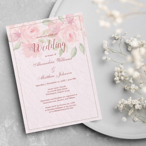 Blush pink rose gold floral lace Wedding Invitatio Invitation