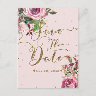 Blush Pink Rose Gold Floral Modern Save the Date Announcement Postcard