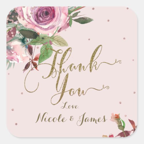 Blush Pink Rose Gold Floral Modern Thank You Favor Square Sticker