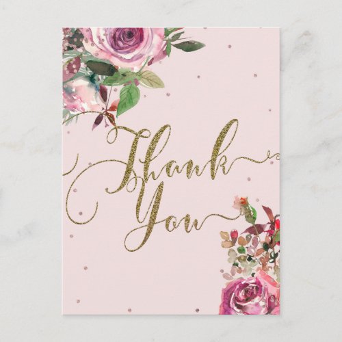 Blush Pink Rose Gold Floral Modern Thank You Postcard