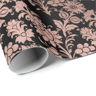 Blush Pink Rose Gold Floral Powder Black Metalliic Wrapping Paper