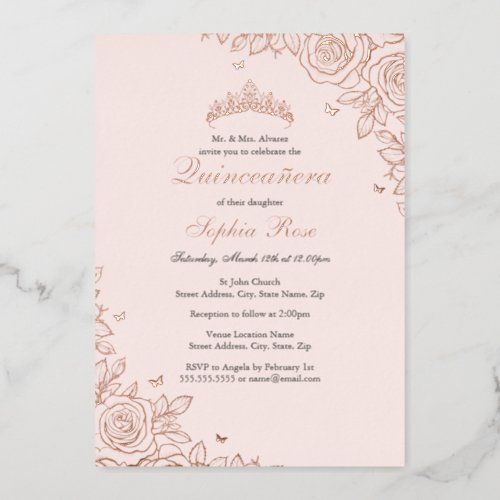 Blush Pink Rose Gold Floral Quinceanera Birthday  Foil Invitation