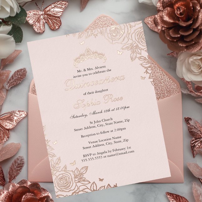 Blush Pink Rose Gold Floral Quinceanera Birthday  Foil Invitation (Creator Uploaded)