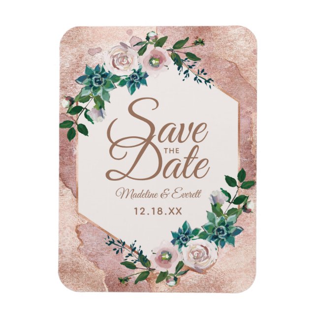 Blush Pink Rose Gold Floral Save the Date Wedding Magnet (Vertical)