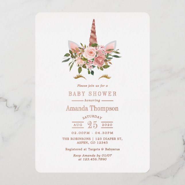 Blush Pink & Rose Gold Floral Unicorn Baby Shower Foil Invitation (Front)