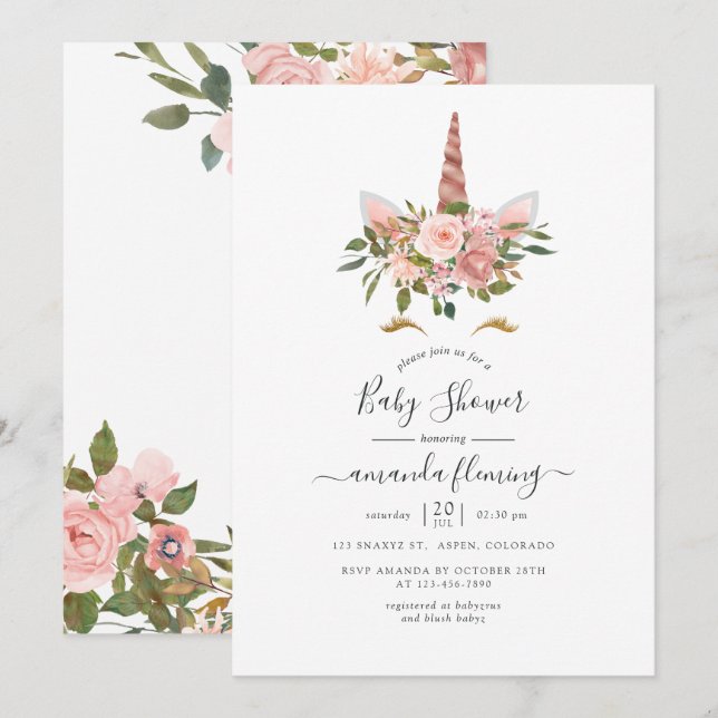 Blush Pink & Rose Gold Floral Unicorn Baby Shower  Invitation (Front/Back)