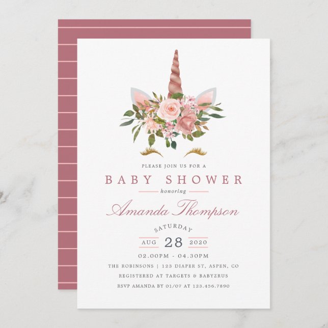 Blush Pink & Rose Gold Floral Unicorn Baby Shower Invitation (Front/Back)