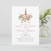 Blush Pink & Rose Gold Floral Unicorn Baby Shower Invitation (Standing Front)