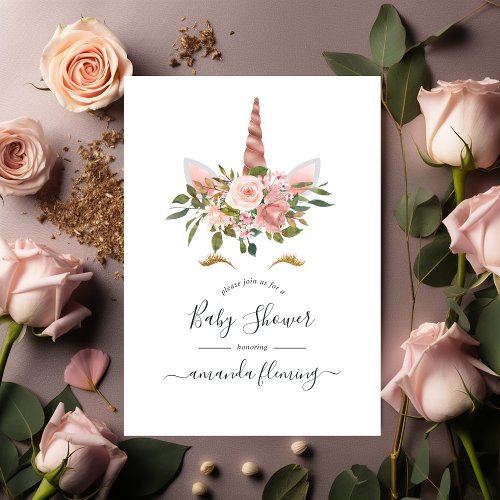 Blush Pink  Rose Gold Floral Unicorn Baby Shower  Invitation
