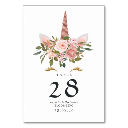 Blush Pink  Rose Gold Floral Unicorn Baby Shower Table Number
