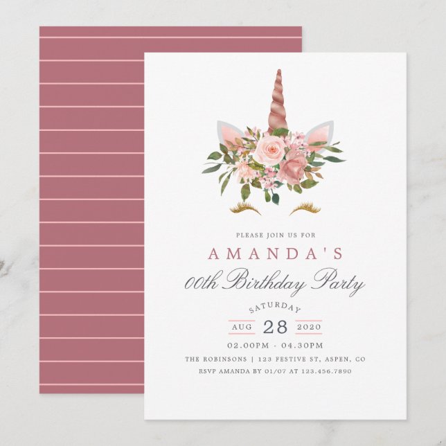 Blush Pink & Rose Gold Floral Unicorn Birthday Invitation (Front/Back)