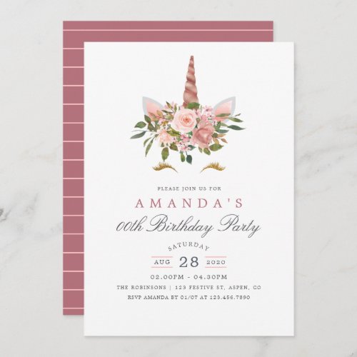 Blush Pink  Rose Gold Floral Unicorn Birthday Invitation