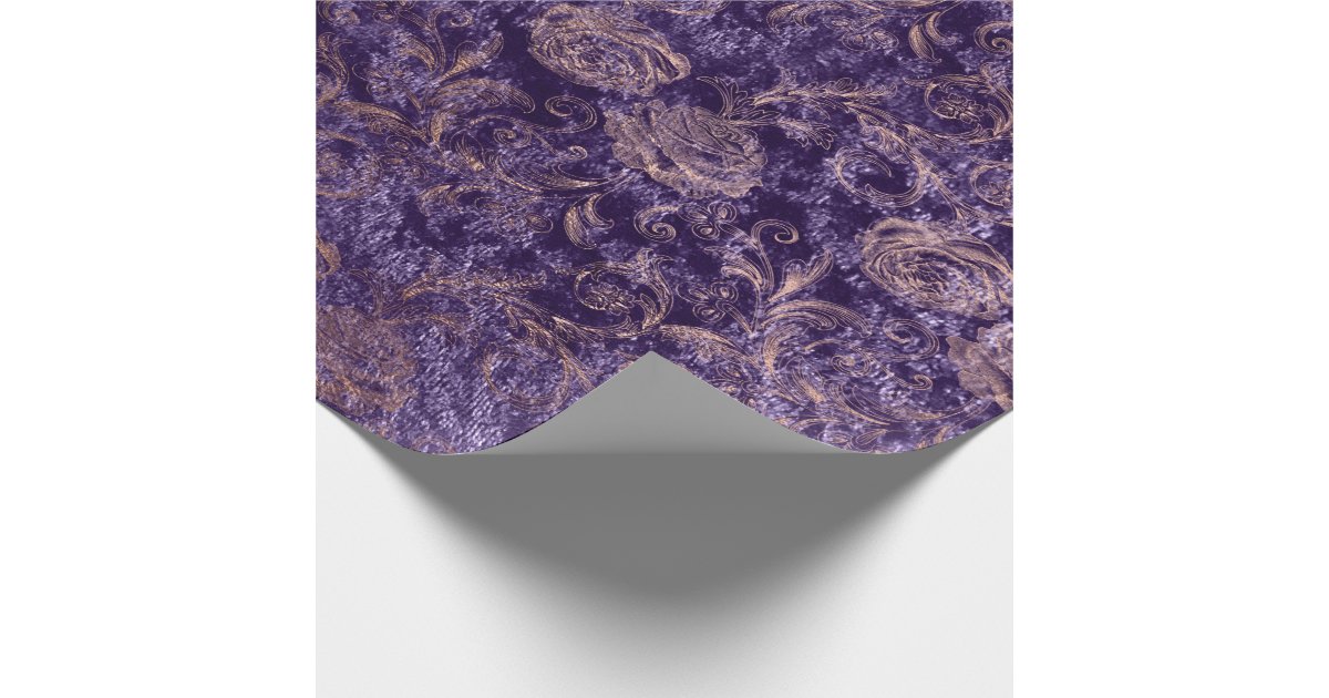 Royal Damask Crushed Velvet Purple Plumbrella Gold Wrapping Paper