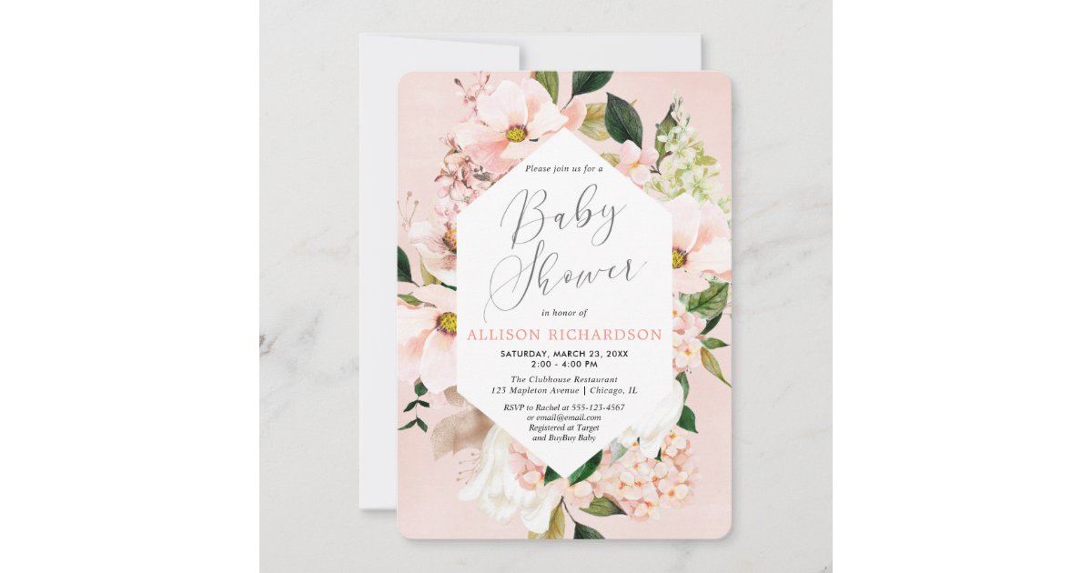 Blush pink rose gold floral watercolor baby shower invitation | Zazzle
