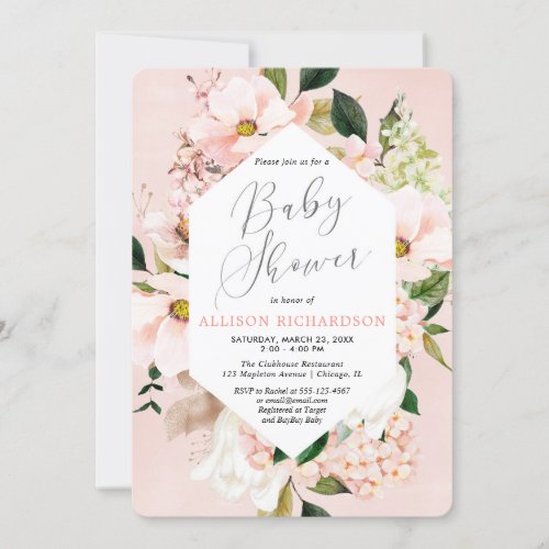 Blush pink rose gold floral watercolor baby shower invitation