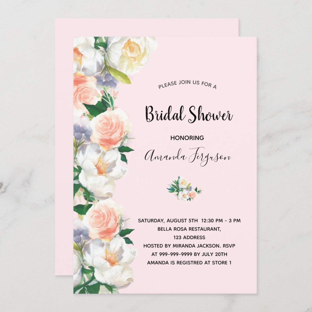 Blush pink rose gold florals bridal shower invitation | Zazzle