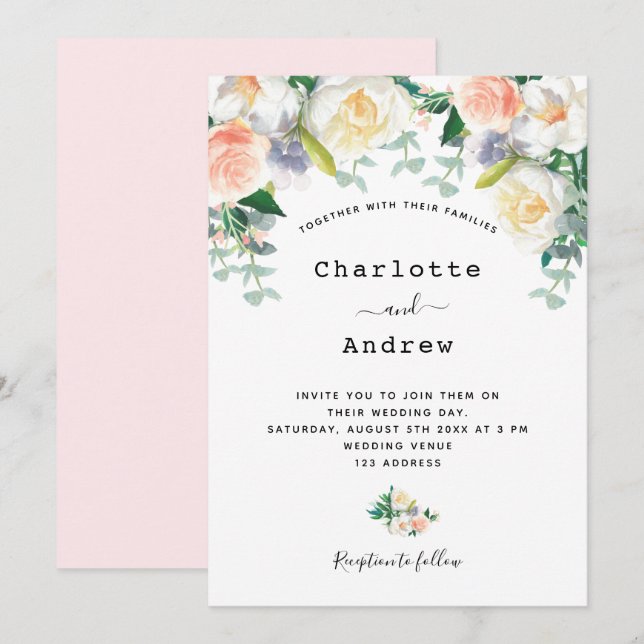 Blush pink rose gold florals eacalyptus wedding invitation (Front/Back)