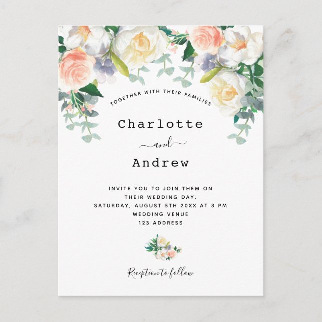 Blush pink rose gold florals eacalyptus wedding postcard (Front)