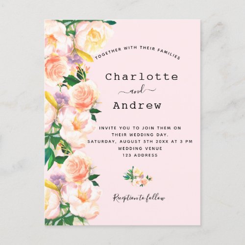 Blush pink rose gold florals elegant wedding postcard