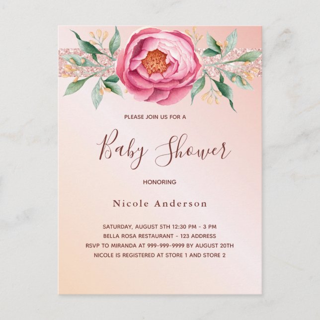 Blush pink rose gold florals glitter baby shower postcard (Front)