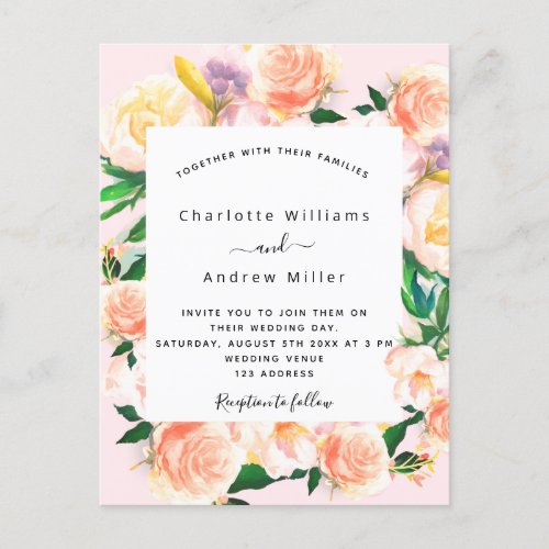 Blush pink rose gold florals wedding invitation postcard