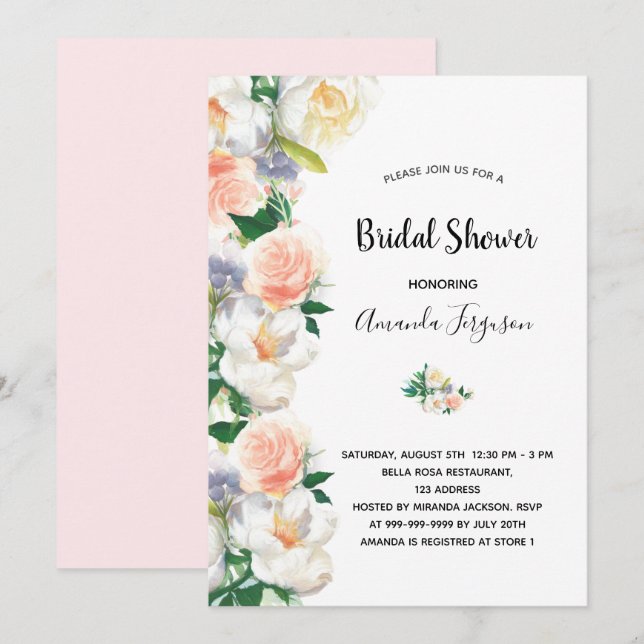 Blush pink rose gold florals white bridal shower invitation (Front/Back)