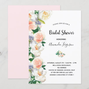 Blush pink rose gold florals white bridal shower invitation