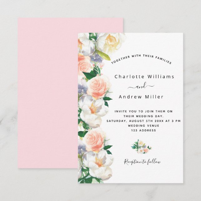 Blush pink rose gold florals white wedding invitation (Front/Back)