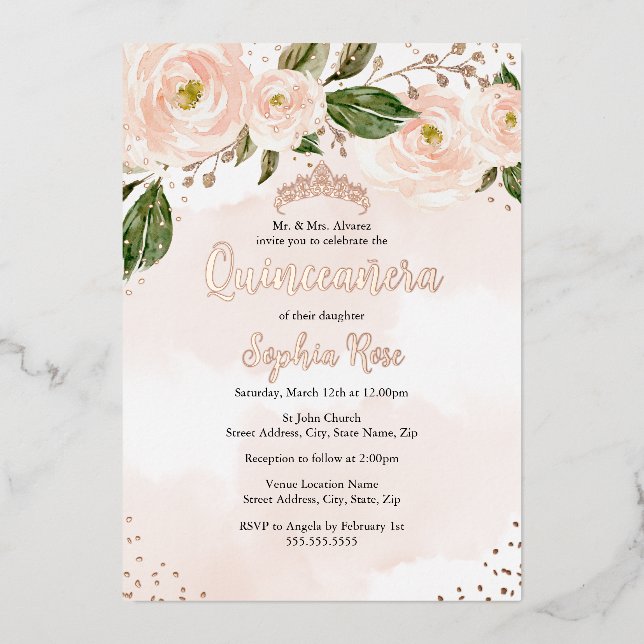 Blush Pink Rose Gold Flower Tiara Quinceanera  Foil Invitation (Front)