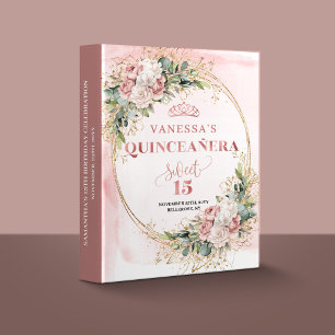 Blush Pink Rose Gold Flowers Mis Quince Memory  3 Ring Binder