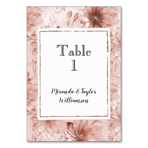 Blush Pink Rose Gold Flowers Table Number
