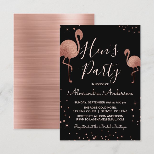 Blush Pink - Rose Gold Foil Flamingo Hen's Party Invitation (Front/Back)