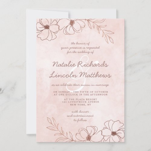 Blush Pink  Rose Gold Foil Floral Border Wedding Invitation