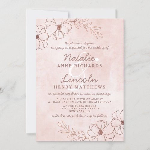 Blush Pink  Rose Gold Foil Floral Framed Wedding Invitation