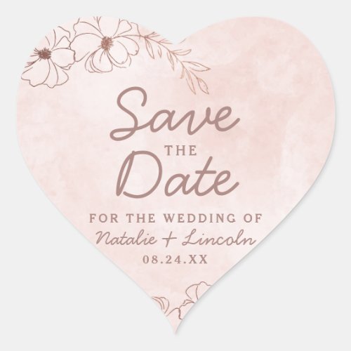 Blush Pink  Rose Gold Foil Floral Save the Date Heart Sticker