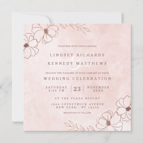 Blush Pink  Rose Gold Foil Floral Wedding Square Invitation
