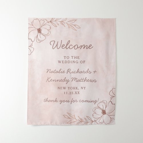 Blush Pink  Rose Gold Foil Floral Wedding Welcome Tapestry