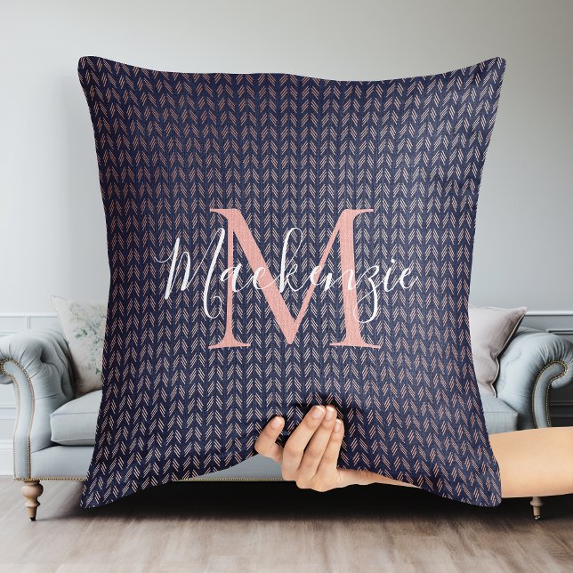 Blush Pink Rose Gold Foil Navy Blue Boho Pattern Throw Pillow (Blush Pink Rose Gold Foil Navy Blue Boho Pattern Throw Pillow)