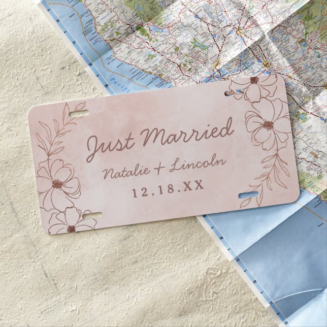 Blush Pink & Rose Gold Foil Wedding Just Married License Plate (In Situ)