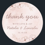 Blush Pink & Rose Gold Foil Wedding Thank You Classic Round Sticker<br><div class="desc">Blush Pink & Rose Gold Foil Floral Border Wedding Design with hand drawn flowers, Leaves, and watercolor background. A Chic and Modern Look for a spring or summer wedding, with soft color palette : Blush Pink, and rose gold faux foil details. Hand drawn Floral elements, Modern trendy Script Font -...</div>
