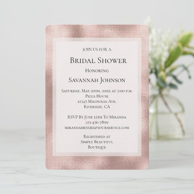 Blush Pink Rose Gold Glam Bridal Shower Invitation (Standing Front)