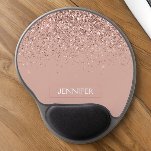 Blush Pink Rose Gold Glam Glitter Monogram Gel Mouse Pad